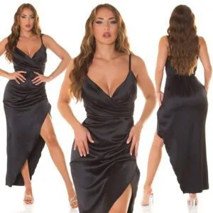 Sexy Asymmetrical Maxi Dress in Satin Look Black