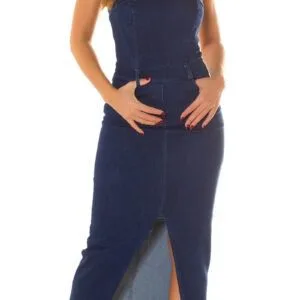 Denim bandeau- maxidress with slit