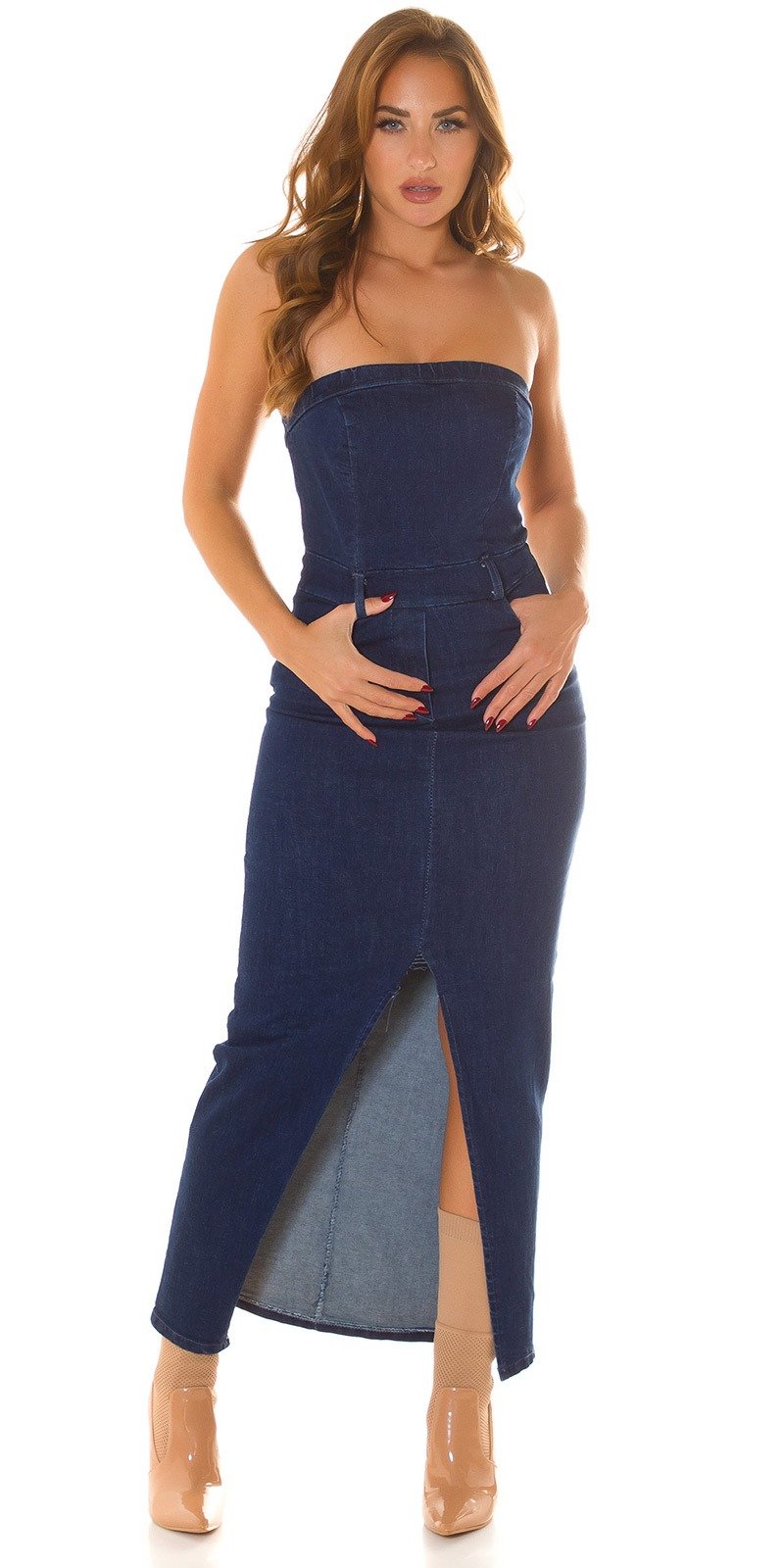 Denim bandeau- maxidress with slit