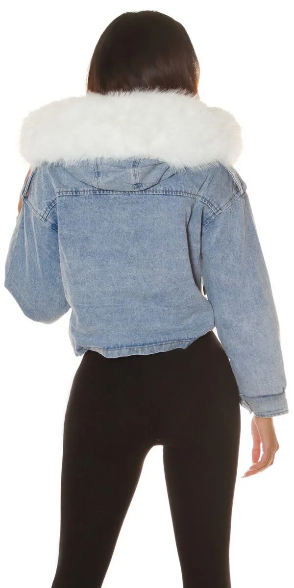 Crop denim jacket with faux-fur - Image 2